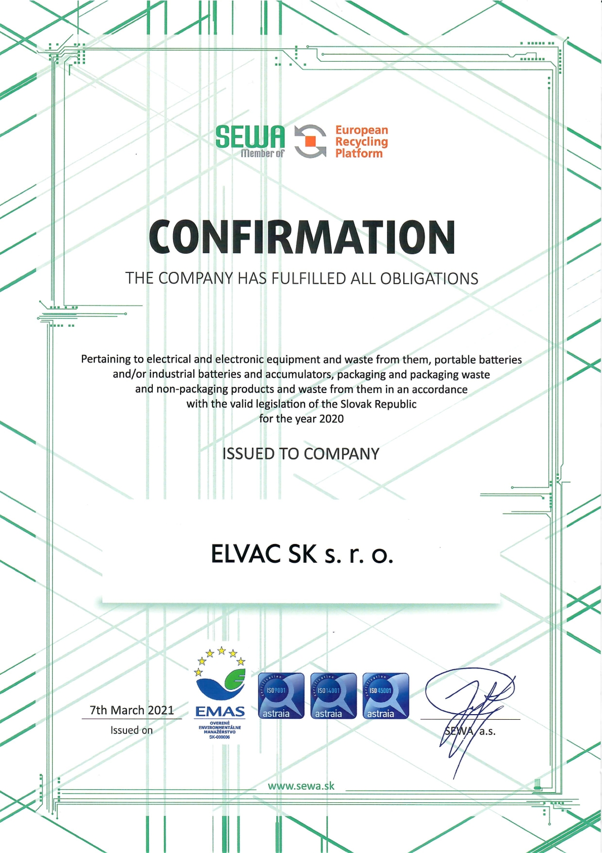 Confirmation the Company Has Fulfilled All Obligations