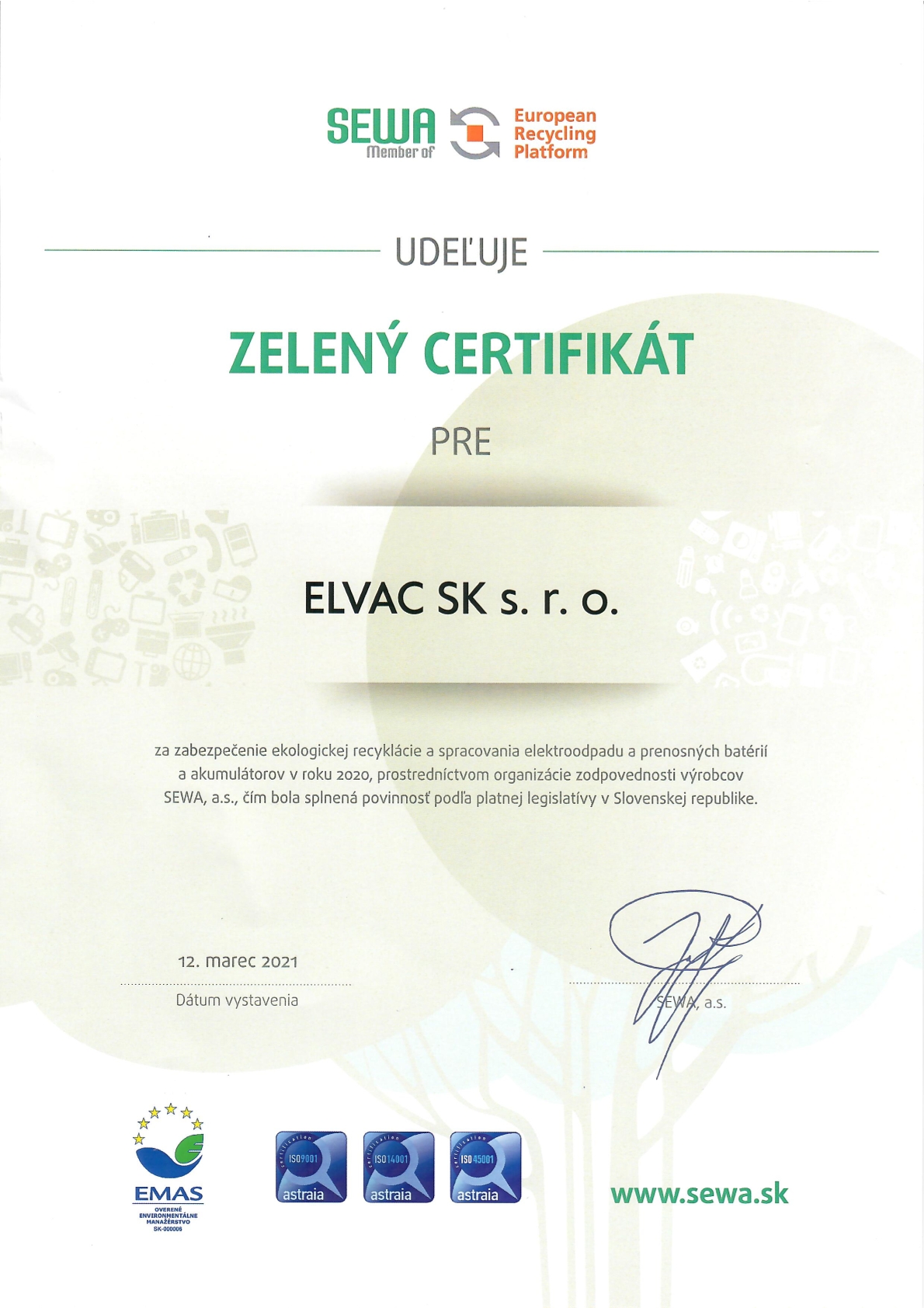 Zelený certifikát pre ELVAC SK s.r.o.
